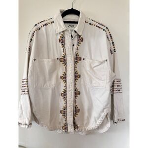 Zara Women Off White Denim Embroidered Overshirt Southwestern Aztec Jacket XS